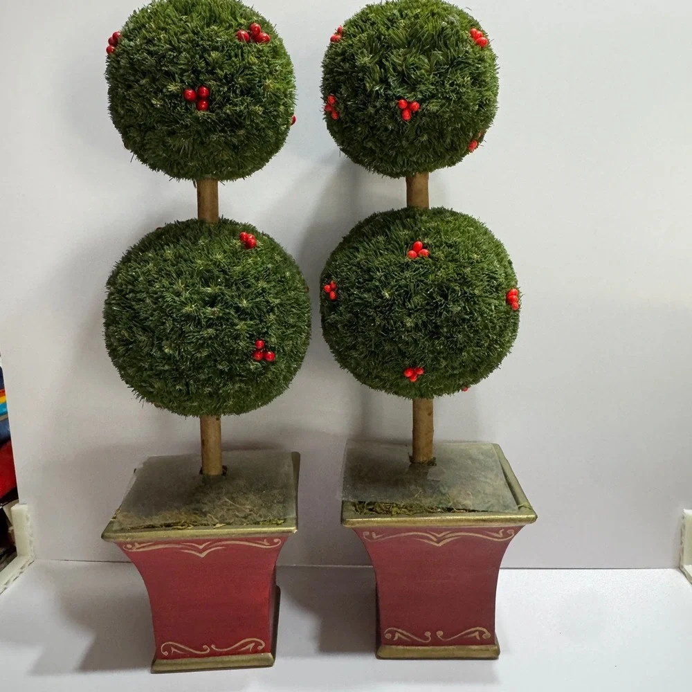 Lot 2 Artificial Double Ball Topiary Trees Berries Gold Red 19